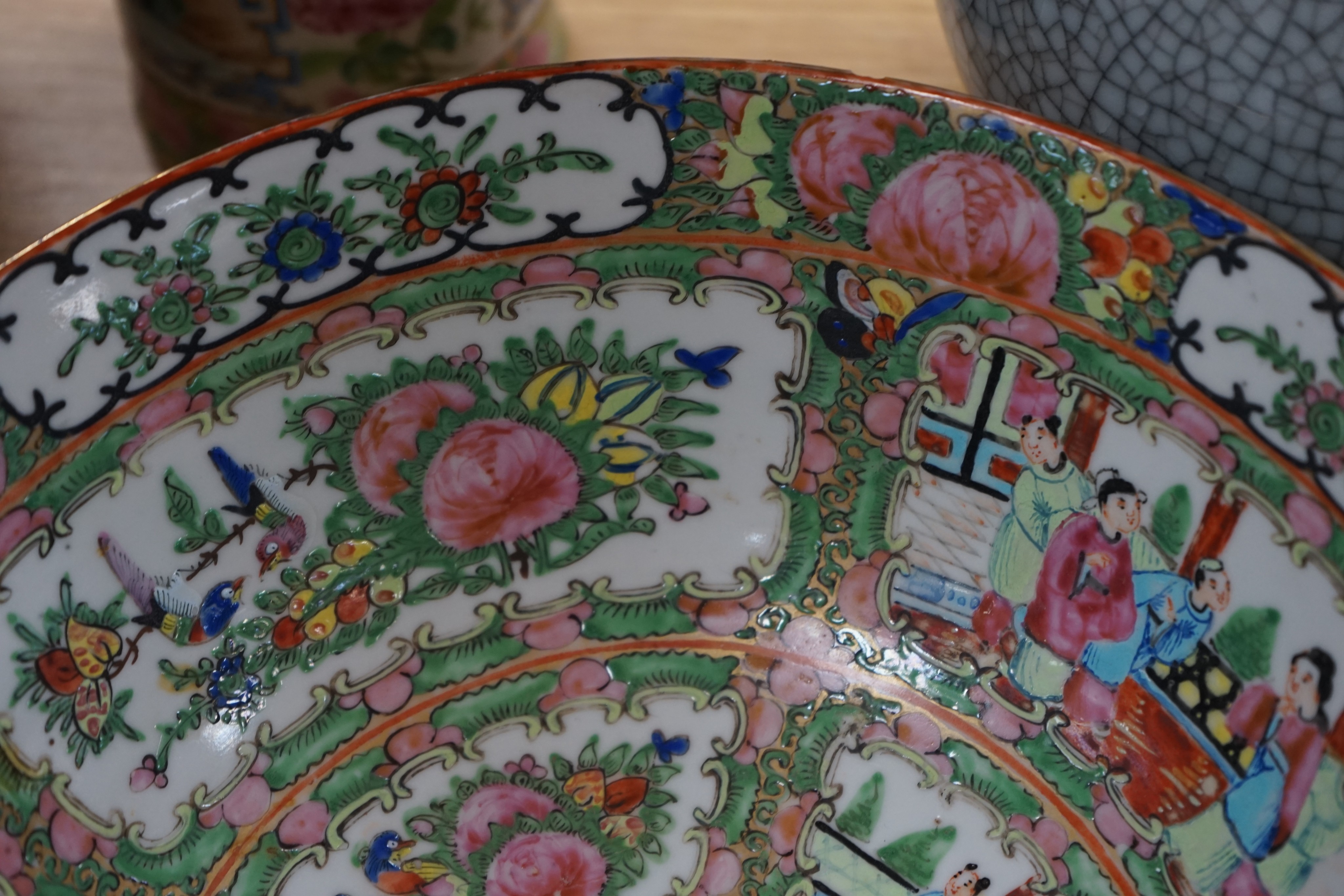 A Chinese famille rose sleeve vase, a similar bowl and a crackle glaze vase, 19th century and later, 31cm
